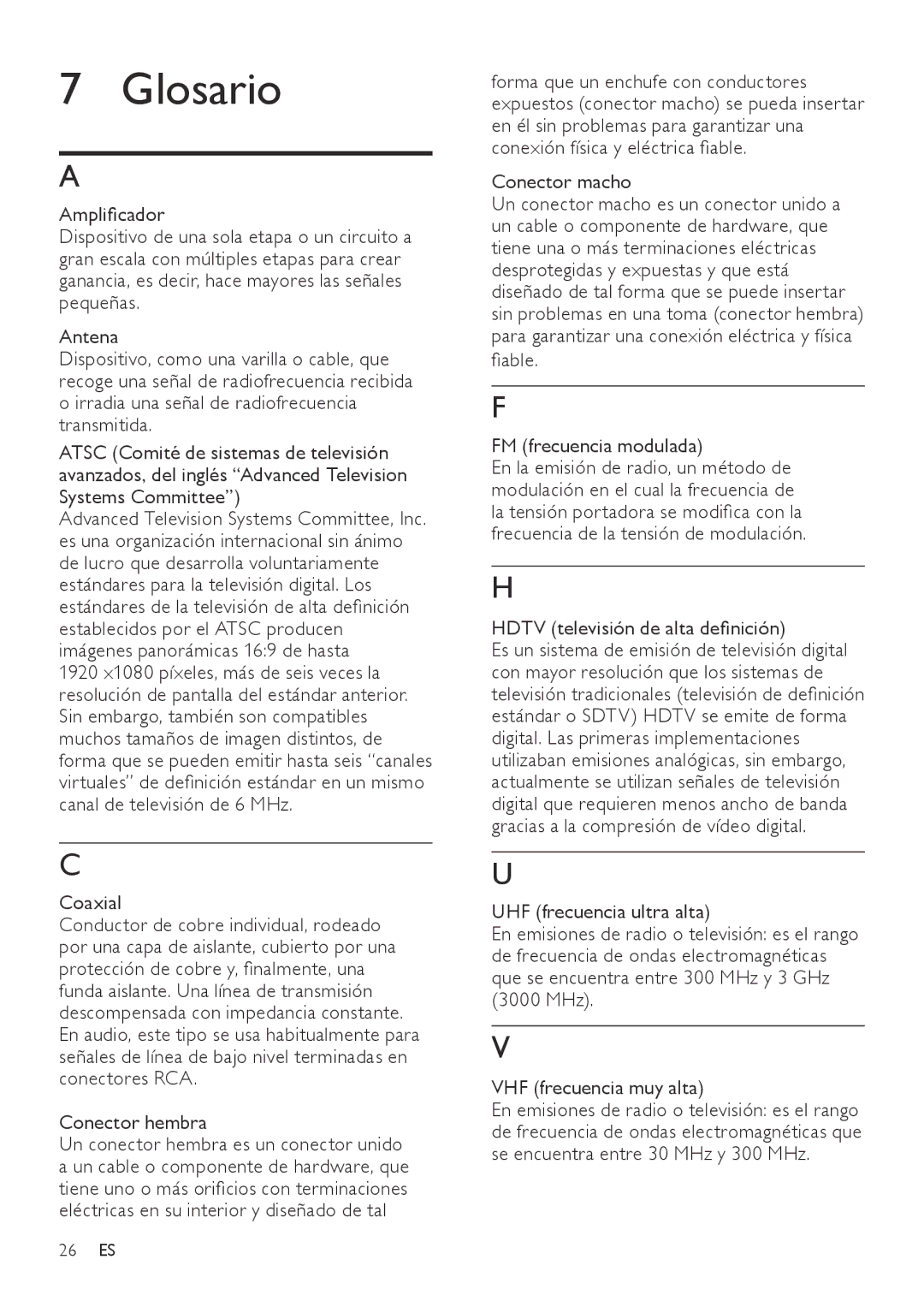 Philips SDV2790/27 user manual Glosario , Conector hembra, Conector macho, Fiable FM frecuencia modulada 